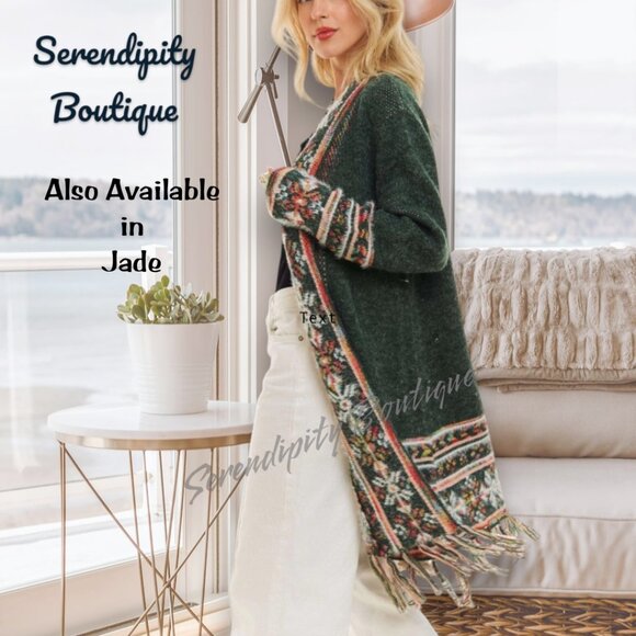 Tribal Print Jacquard Knit Fringe Comfy Long Sweater Duster Cardigan. - Picture 7 of 9
